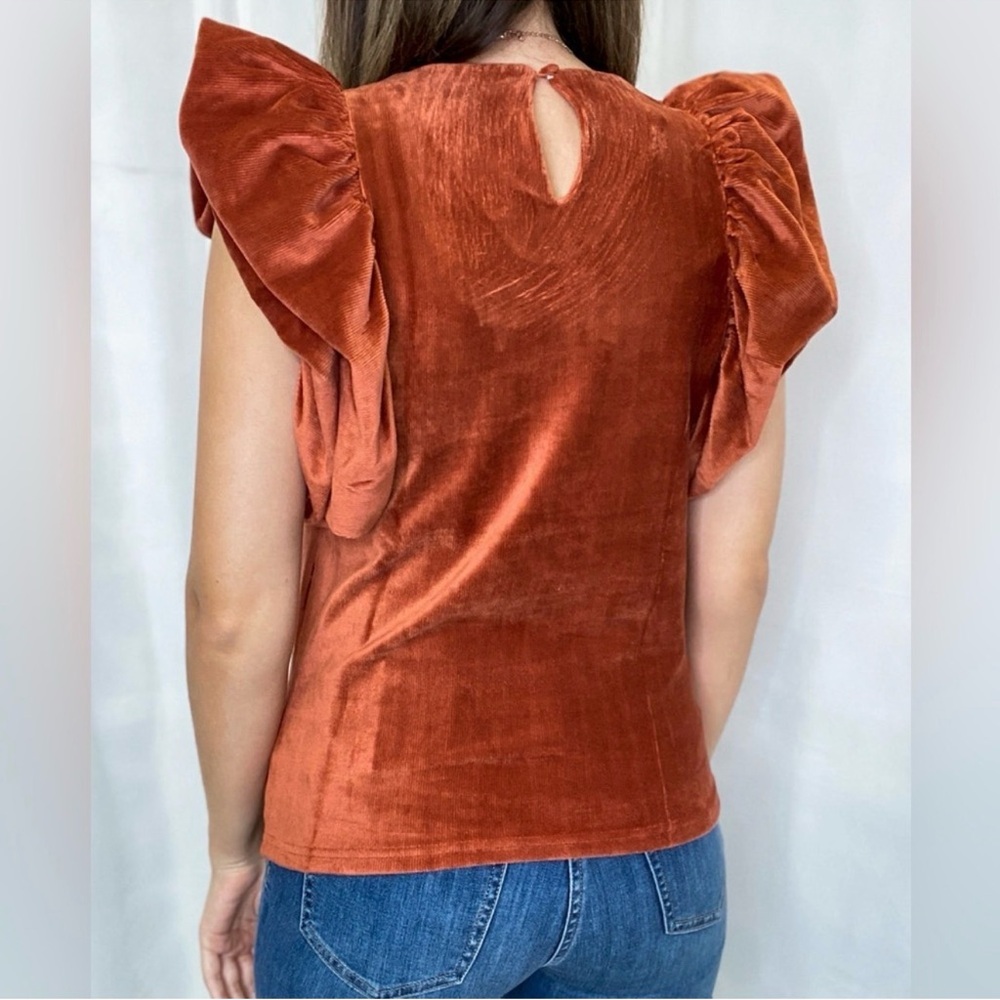 THML Rust Velvet Ruffle Sleeve Top - Picture 2 of 6